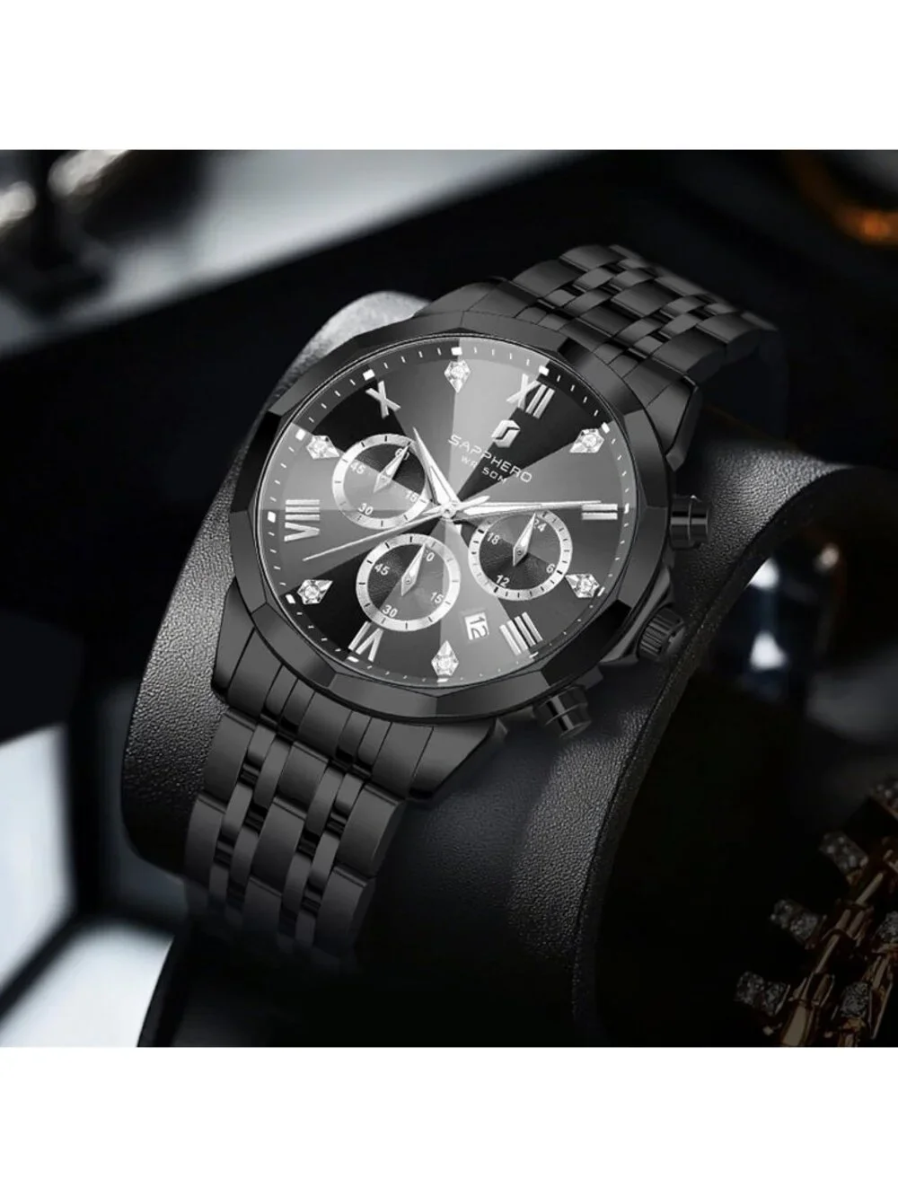 Men's Black Chronograph Stainless Steel Waterproof Analog Quartz Wrist Watch